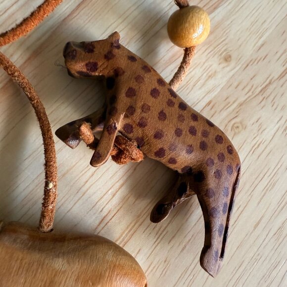 Hand-Carved Wooden Safari Animal Necklace With Leather Cord and Beads 21" Long - Picture 11 of 16